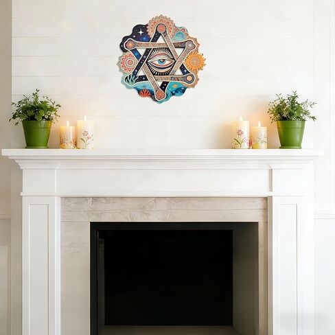 Wooden Evil Eye Wall Art Decor, 11.4" Boho Colorful Print Painting Mandala Mystical Celestial Ocean Themed Star of David Hanging Sign for Meditation Room Bedroom Hallway Bohemian Home Decor in Saudi Arabia