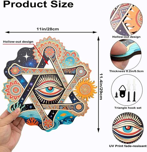 Wooden Evil Eye Wall Art Decor, 11.4" Boho Colorful Print Painting Mandala Mystical Celestial Ocean Themed Star of David Hanging Sign for Meditation Room Bedroom Hallway Bohemian Home Decor in Saudi Arabia