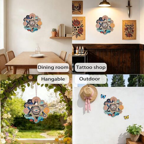 Wooden Evil Eye Wall Art Decor, 11.4" Boho Colorful Print Painting Mandala Mystical Celestial Ocean Themed Star of David Hanging Sign for Meditation Room Bedroom Hallway Bohemian Home Decor in Saudi Arabia