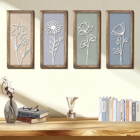 3D Wooden Floral Wall Art Decor (Set of 4), 7 x 16 Inches Wood Framed Bathroom Wall Art for Living Room Bedroom Office or Farmhouse, Boho Botanical Minimalist Flower Wall Hanging Decoration in Saudi Arabia
