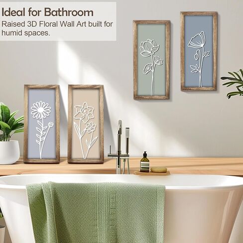 3D Wooden Floral Wall Art Decor (Set of 4), 7 x 16 Inches Wood Framed Bathroom Wall Art for Living Room Bedroom Office or Farmhouse, Boho Botanical Minimalist Flower Wall Hanging Decoration in Saudi Arabia