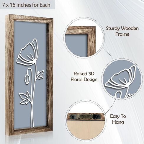 3D Wooden Floral Wall Art Decor (Set of 4), 7 x 16 Inches Wood Framed Bathroom Wall Art for Living Room Bedroom Office or Farmhouse, Boho Botanical Minimalist Flower Wall Hanging Decoration in Saudi Arabia