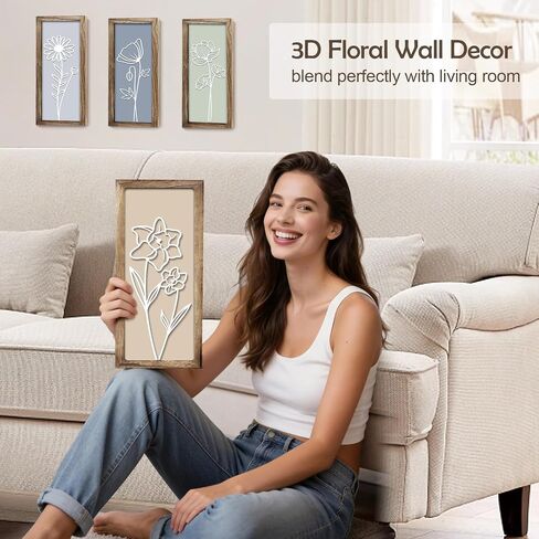 3D Wooden Floral Wall Art Decor (Set of 4), 7 x 16 Inches Wood Framed Bathroom Wall Art for Living Room Bedroom Office or Farmhouse, Boho Botanical Minimalist Flower Wall Hanging Decoration in Saudi Arabia