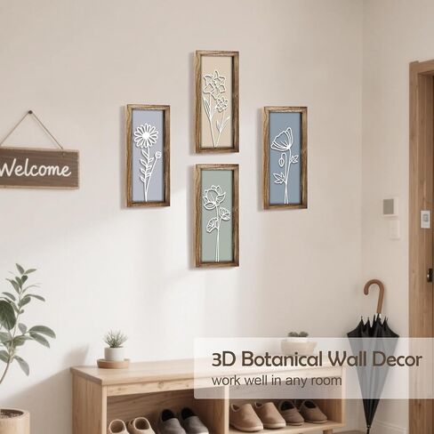 3D Wooden Floral Wall Art Decor (Set of 4), 7 x 16 Inches Wood Framed Bathroom Wall Art for Living Room Bedroom Office or Farmhouse, Boho Botanical Minimalist Flower Wall Hanging Decoration in Saudi Arabia