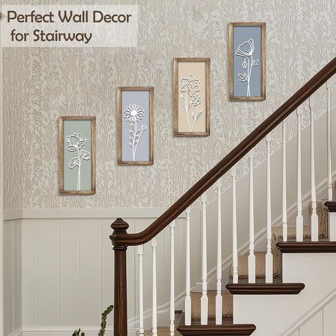 3D Wooden Floral Wall Art Decor (Set of 4), 7 x 16 Inches Wood Framed Bathroom Wall Art for Living Room Bedroom Office or Farmhouse, Boho Botanical Minimalist Flower Wall Hanging Decoration in Saudi Arabia