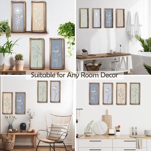 3D Wooden Floral Wall Art Decor (Set of 4), 7 x 16 Inches Wood Framed Bathroom Wall Art for Living Room Bedroom Office or Farmhouse, Boho Botanical Minimalist Flower Wall Hanging Decoration in Saudi Arabia