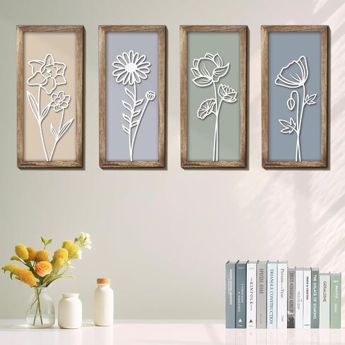 3D Wooden Floral Wall Art Decor (Set of 4), 7 x 16 Inches Wood Framed Bathroom Wall Art for Living Room Bedroom Office or Farmhouse, Boho Botanical Minimalist Flower Wall Hanging Decoration in Saudi Arabia