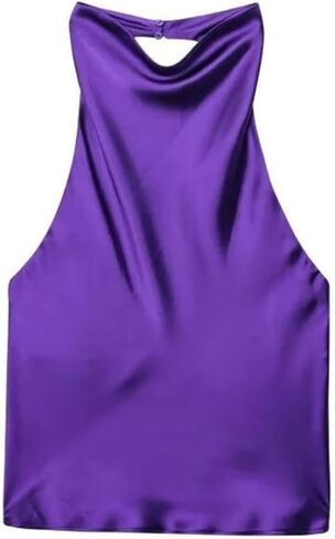 Women Satin Mock Neck Sleeveless Tee Shirt Backless Lightweight Casual Tank Top in Saudi Arabia