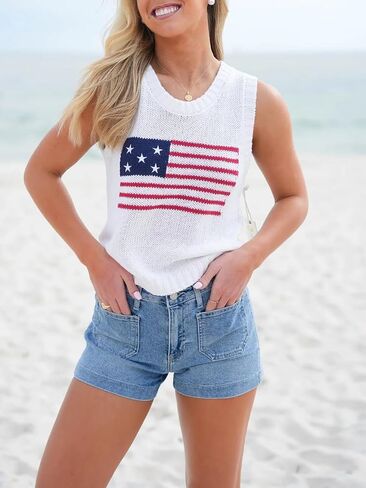Summer Crochet American Flag Tank Tops Sexy Sleeveless Knit Patriotic Vest Top Women Boho 4th of July Stripe Crop Top in Saudi Arabia