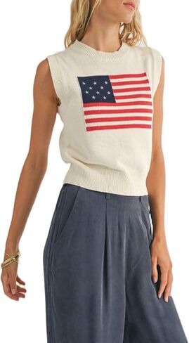 Summer Crochet American Flag Tank Tops Sexy Sleeveless Knit Patriotic Vest Top Women Boho 4th of July Stripe Crop Top in Saudi Arabia