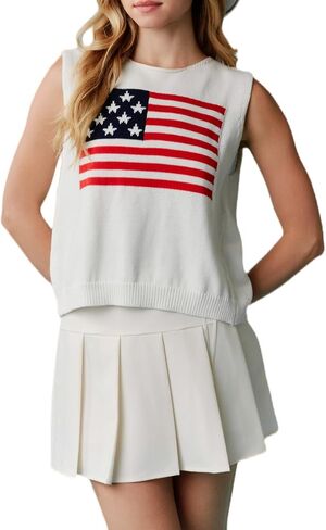 Summer Crochet American Flag Tank Tops Sexy Sleeveless Knit Patriotic Vest Top Women Boho 4th of July Stripe Crop Top in Saudi Arabia