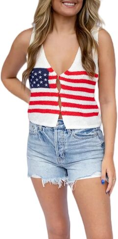 Summer Crochet American Flag Tank Tops Sexy Sleeveless Knit Patriotic Vest Top Women Boho 4th of July Stripe Crop Top in Saudi Arabia