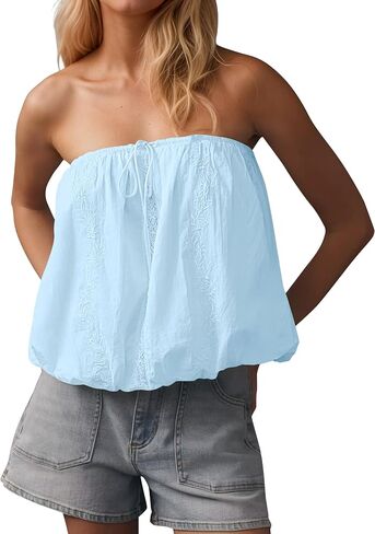 Women Lace Embroidered Drawstring Tie Bust Bubble Tube Top Sleeveless Backless Strapless Solid Puffy Tank Top in Saudi Arabia