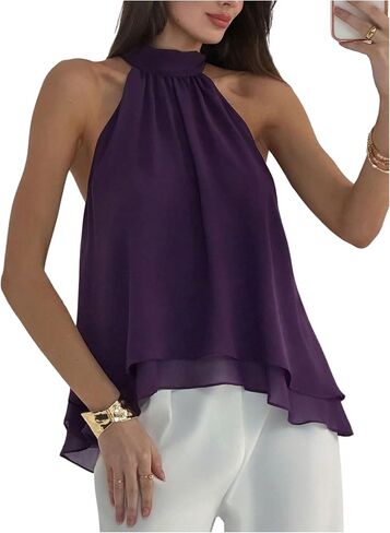 SHENHE Women's Lace Halter Neck Tops Chiffon Sleeveless Asymmetrical Tank Summer Going Out Top Dressy Blouses in Kuwait