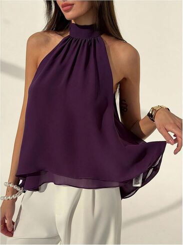 SHENHE Women's Lace Halter Neck Tops Chiffon Sleeveless Asymmetrical Tank Summer Going Out Top Dressy Blouses in Kuwait