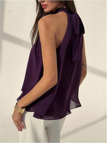 SHENHE Women's Lace Halter Neck Tops Chiffon Sleeveless Asymmetrical Tank Summer Going Out Top Dressy Blouses in Kuwait