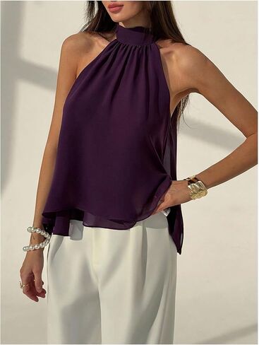 SHENHE Women's Lace Halter Neck Tops Chiffon Sleeveless Asymmetrical Tank Summer Going Out Top Dressy Blouses in Kuwait