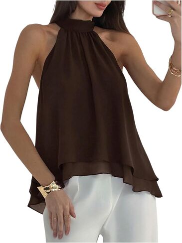 SHENHE Women's Lace Halter Neck Tops Chiffon Sleeveless Asymmetrical Tank Summer Going Out Top Dressy Blouses in Kuwait