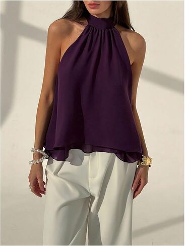 SHENHE Women's Lace Halter Neck Tops Chiffon Sleeveless Asymmetrical Tank Summer Going Out Top Dressy Blouses in Kuwait