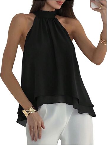 SHENHE Women's Lace Halter Neck Tops Chiffon Sleeveless Asymmetrical Tank Summer Going Out Top Dressy Blouses in Kuwait