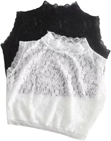 2X Women Mock Neck Lace Crop Vest Tank Top Basic Sleeveless Slim Fit Cami Cropped Blouse Tops in Saudi Arabia