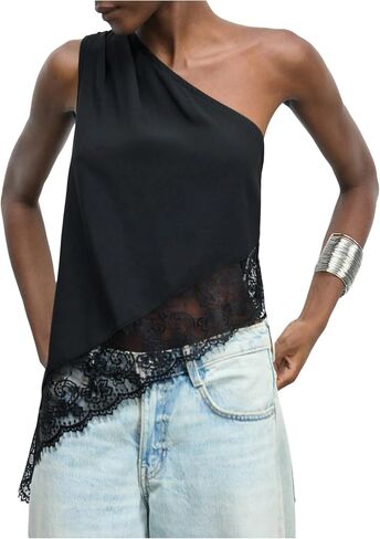 BEAUDRM Women's Lace Trim One Shoulder Tops Y2k Ruched Sleeveless Asymmetrical Tank Summer Going Out Top in Kuwait