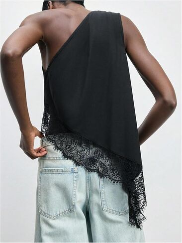 BEAUDRM Women's Lace Trim One Shoulder Tops Y2k Ruched Sleeveless Asymmetrical Tank Summer Going Out Top in Kuwait