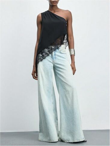 BEAUDRM Women's Lace Trim One Shoulder Tops Y2k Ruched Sleeveless Asymmetrical Tank Summer Going Out Top in Kuwait