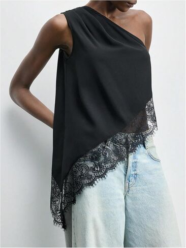 BEAUDRM Women's Lace Trim One Shoulder Tops Y2k Ruched Sleeveless Asymmetrical Tank Summer Going Out Top in Kuwait