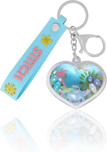 Stitch Liquid Keychain, Official Disney Heart Bag Charm with Wristlet Strap for Backpacks & Purses, Mother's Day Gifts in Kuwait