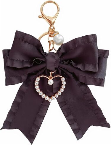 Cute Bow Keychain with Pearl Heart Charm - Satin Ribbon Key Ring for Bag, Purse, Kawaii Accessory Gift for Girls Women in Saudi Arabia