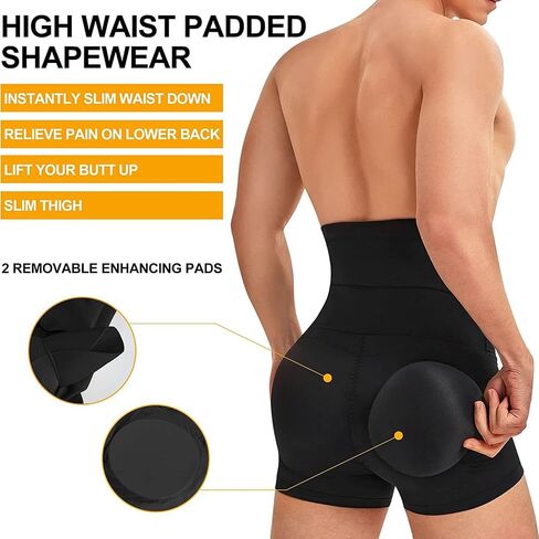 Men Butt Lifter Padded Underwear Boxer Briefs High Waist Tummy Control Shorts Body Shaper Girdle 2 Detachable Pads in Kuwait