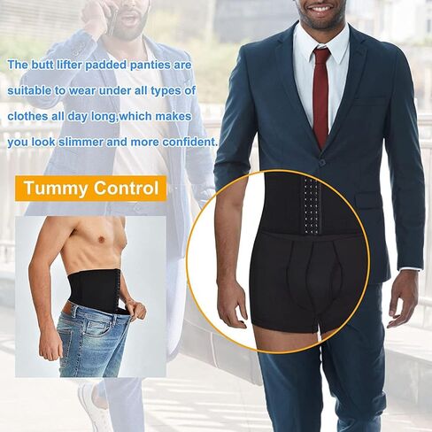 Men Butt Lifter Padded Underwear Boxer Briefs High Waist Tummy Control Shorts Body Shaper Girdle 2 Detachable Pads in Kuwait