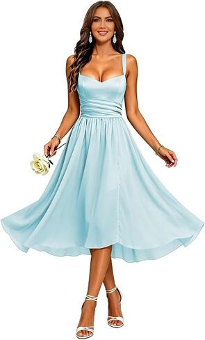 Chiffon Short Bridesmaid Dresses Square Neck Pleated Midi Length Formal Gowns Wedding Guest Dress in Kuwait