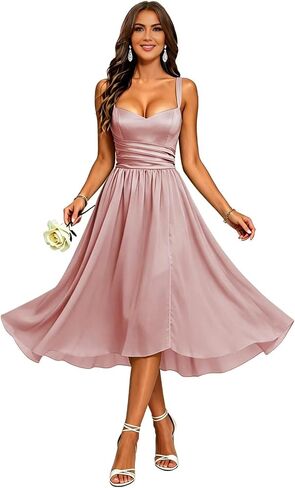 Chiffon Short Bridesmaid Dresses Square Neck Pleated Midi Length Formal Gowns Wedding Guest Dress in Kuwait