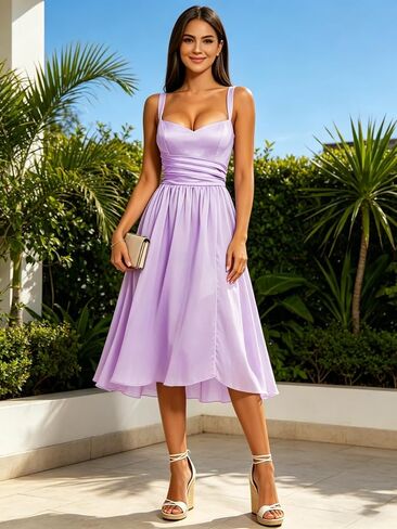 Chiffon Short Bridesmaid Dresses Square Neck Pleated Midi Length Formal Gowns Wedding Guest Dress in Kuwait