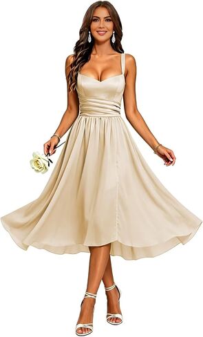 Chiffon Short Bridesmaid Dresses Square Neck Pleated Midi Length Formal Gowns Wedding Guest Dress in Kuwait