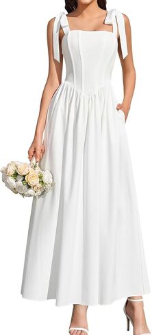 HTZMO Summer Corset Floral Maxi Dress Wedding Guest Tie Shoulder A Line Casual Long Sundress for Women with Pockets in Saudi Arabia