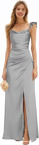 Satin Bridesmaid Dresses for Women Ruffle Split Formal Prom Dress Long VD01 in Kuwait