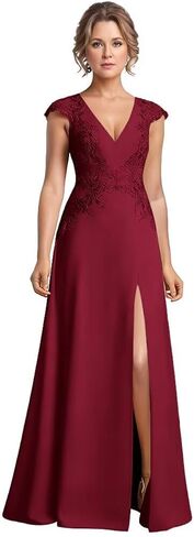 Lace Cap Sleeves Mother of The Bride Dress for Women Chiffon V Neck Corset Formal Evening Dress with Slit in Kuwait