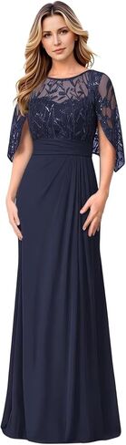 Lace Applique Chiffon Mother of The Bride Dress for Women Floor Length A Line Cape Sleeve Formal Wedding Gown HX041 in Saudi Arabia