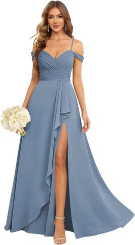 CuteMe Women's Off Shoulder Ruched Bridesmaid Dresses with Slit Chiffon Long Formal Dress CC029 in Saudi Arabia