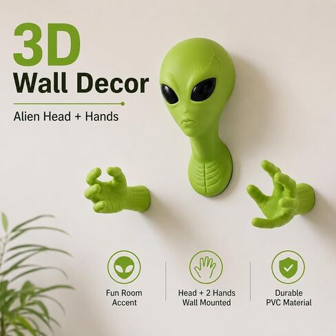 3D Green Wall Decor, PVC Alien Head and Hands Wall Sculpture for Bedroom Living Room Entryway Photo Prop (Green Alien Wall Hanging) in Kuwait