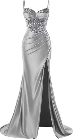 Spaghetti Straps Satin Prom Dresses with Slit 2025 Long Mermaid Corset Beaded Sequin V-Neck Ruched Evening Gowns in Saudi Arabia