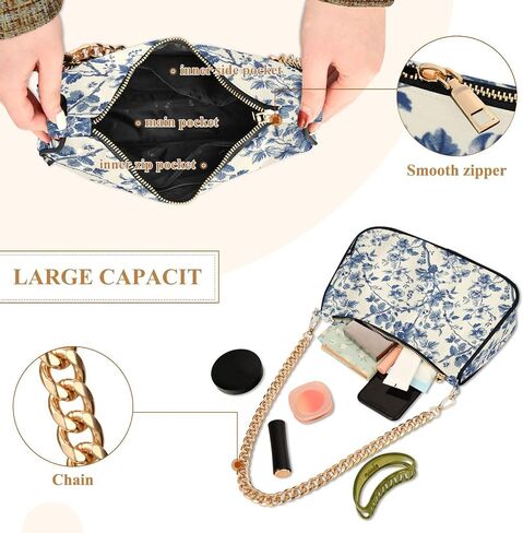 Shoulder Bags for Women Blue White Chinoiserie Floral Tote HandBag Shoulder Bags purse with Chain Zipper Closure in Saudi Arabia