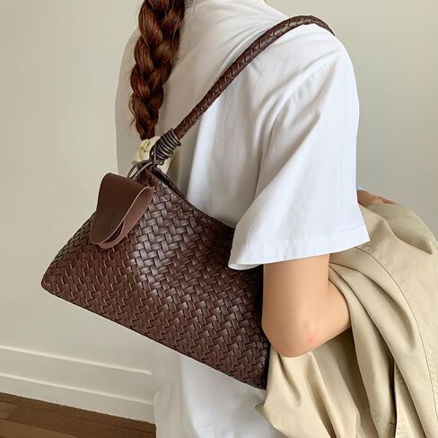 Women Summer Woven Tote Bag for Beach, Lightweight Vegan Leather Shoulder Purse with Pouch for Travel, Work, Shopping in Kuwait
