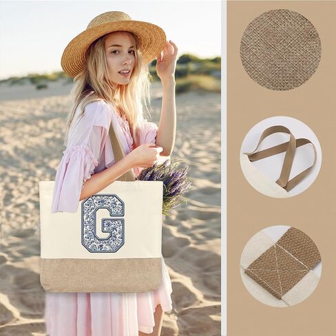 Initial Canvas Tote Bag, Womens Personalized Monogram G Tote Bags, Suitable for Wedding Engagement Parties Honeymoon Birthday Beach Holiday, Gift for Women Grandma Mom Teacher Friends Bridesmaids in Saudi Arabia