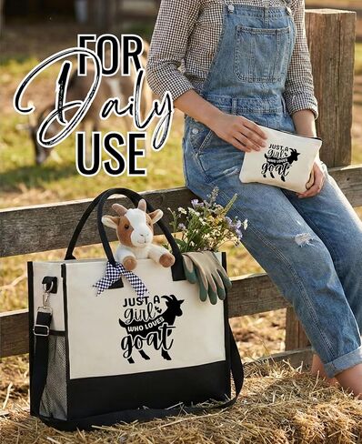 InnoBeta Goat Gifts Canvas Tote Bag for Goat Lovers, Girls, Women, Goat Bag with Top Zipper Closure and Shoulder Strap, Farm Gifts for Birthday, Mother's Day, Thanksgiving, Christmas-Girl in Saudi Arabia