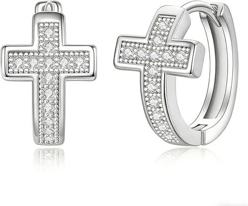 BG&WLing Small Cross Hoop Earrings for Women Men, 14K Gold Plated Silver Huggie Earring with Cubic Zirconia Hypoallergenic, Religious Jewelry Gift in Saudi Arabia