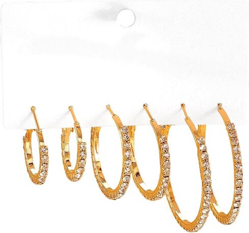 3 Pairs Rhinestone Hoop Earrings Set for Women 25/35/45 MM Crystal Large Hoop Earrings Silver/Gold Tone Hypoallergenic Jewelry for Party Wedding Prom in Saudi Arabia